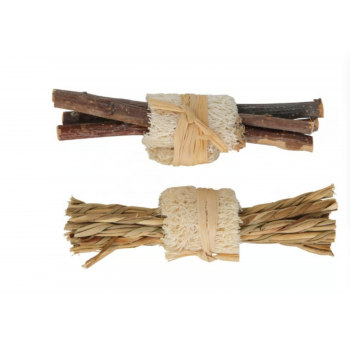 2 petits  fagots à ronger en bois, algues, herbes, et luffa